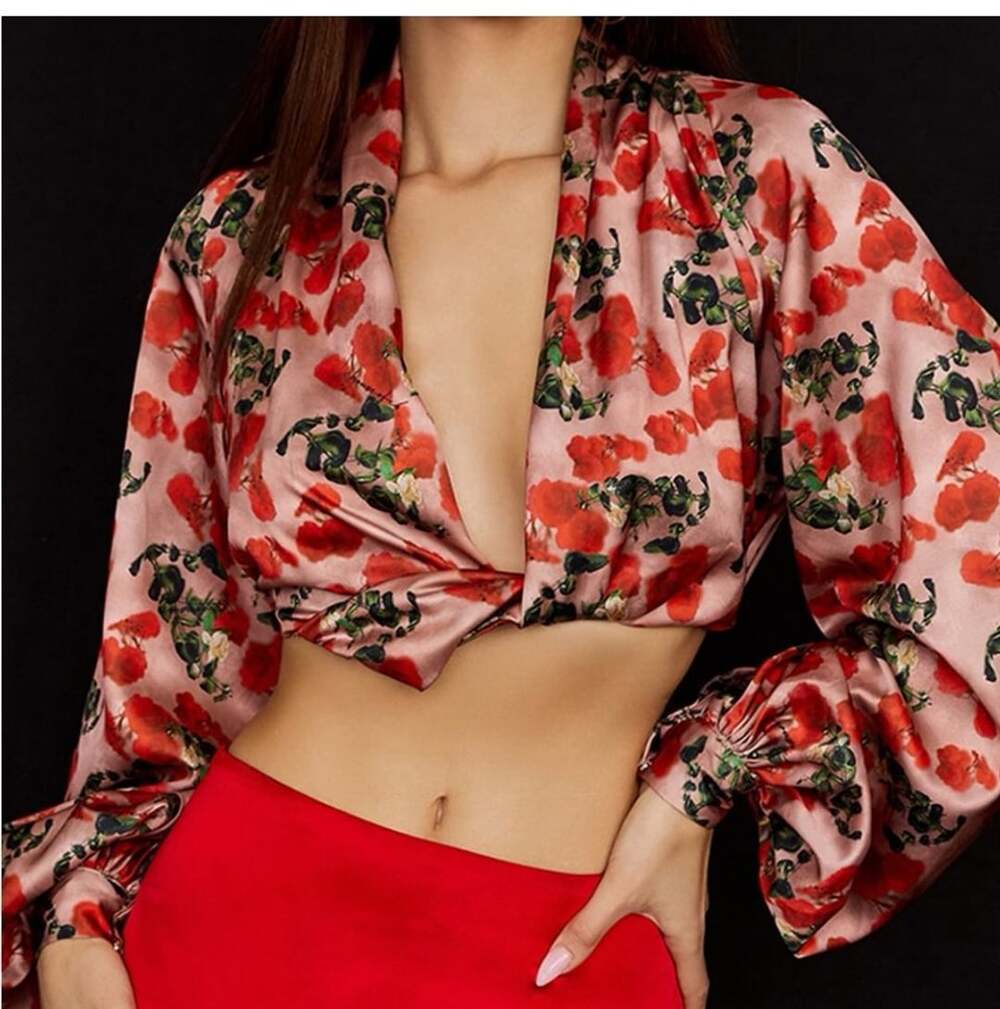 House of CB Monica Rose Print Silk Blouson Top Size M